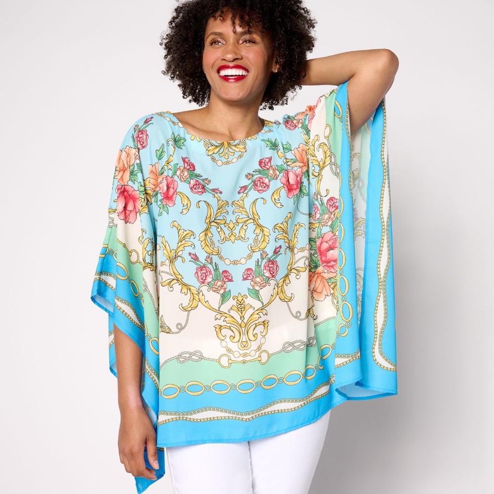 Belle by Kim Gravel Sz M High Status Boatneck Poncho Top in Marina Blue